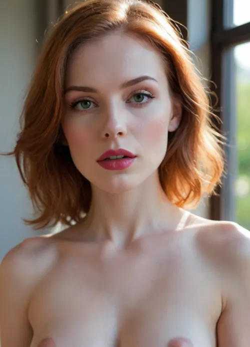 (ethereal aesthetic, surreal lighting:1.2), submissive sensual 25yo woman, (redhead hair so fine and light it's nearly translucent and floating weightless, hair glow lighting), pale light eyebrows, short hair, loose strands of hair framing face, stray hair glowing in sunlight, (submissive pose, perfect posture, arms behind back), (lips slightly parted in a sensual gasp, holding breath), (blindfolded, soft velvet blindfold, sensual BDSM aesthetic, intimate anticipation), living room, window, window blinds, (soft full lips, sharp defined jawline, delicate features, slender waist, visible ribs and hip bones contour her pale skin, petite and waif-like:1.4), (hair glow lighting, hdr lens flare, crepuscular lighting through window, light motes), (sensual portrait, sharp focus on lips, face bathed in sunlight:1.6), (layered composition with defined foreground and background, shallow depth of field), (girl-next-door beauty with natural charm), (visible bra strap, padded pushup bra, soft velvety corset)