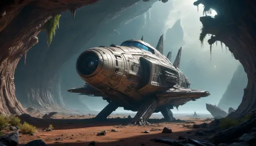 crashed spaceship, alien planet with alien vegetation, sci-fi, Hyperion, battlecruiser, schyperionbc, <lora:Hyperion_Battlecruiser_SDXL_Starcraft:2>