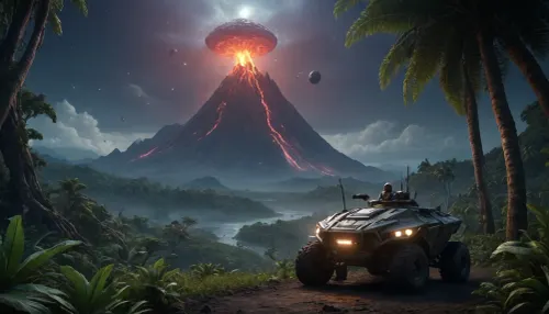 fullcolor image, 8K quality, night, alien planet, fantastic jungles, a volcano background, alien strange landscape, alien ocean, many fantastic animals, some planets satelite visible in sky, space cruiser hovering high over the landscape, an armored all-terrain vehicle drives through the jungle towards the volcano