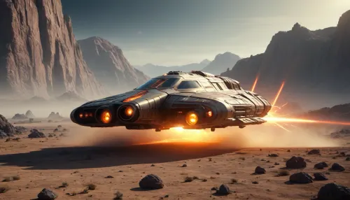 elongated human spaceship, floating low over the ground, firing a orange laser at the ground, alien planet with alien vegetation, sci-fi, Hyperion, battlecruiser, schyperionbc, <lora:Hyperion_Battlecruiser_SDXL_Starcraft:2>