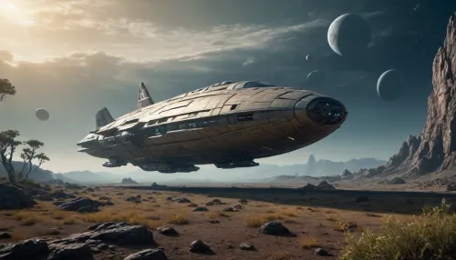 elongated human spaceship, floating low over the ground, alien planet with alien vegetation, sci-fi, Hyperion, battlecruiser, schyperionbc, no people, <lora:Hyperion_Battlecruiser_SDXL_Starcraft:2>