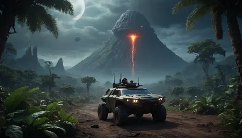 fullcolor image, 8K quality, night, alien planet, fantastic jungles, alien strange landscape, alien ocean, many fantastic animals, some planets satelite visible in sky, small space cruiser hovering low over the landscape, an armored all-terrain vehicle drives through the jungle towards the volcano