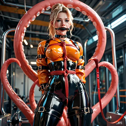 straitjacket. bit gag. spider gag. bondage. sexmachine. restraints. collar. leash. shibari bondage. transport belt. handcuffs. leg shackles. uberfit. muscular. athletic. latex. tentacles., <lora:The_main_complex_of_the_temple_of_the_goddess_Beita:.8>
