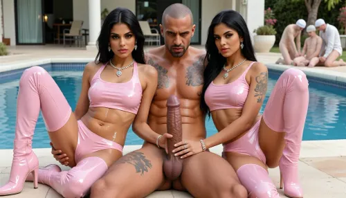 women on either side of the man. Huge cock!, 12-inch cock, massive veiny cock, very thick cock, Two beautiful 20-year-old dark-skinned Pakistani girls, (slim toned petite bodies, narrow waists, slim hips, (black hair), heartless expressions, fully tanned bodies, oiled slippery skin, wearing skintight pale pink ultra-shiny patent pvc tiny leggings, wearing skintight pastel-pink glossy pvc leggings and micro-shorts, glossy pastel-pink pvc cropped halter-top, midriff showing, pastel-pink high-heeled thigh-boots, perfect make-up, expensive jewellery, they are with their very aggressive shaven-headed dark-skinned Arab boyfriend, huge towering man, man is much bigger than the women, heavily tattooed, a very well-endowed and muscular aggressive mixed-race Arab 40yo man, oiled shiny skin, huge pumped-up bodybuilder physique, expression of hatred, glaring at me with contempt, a cruel brutal man, The man is much bigger than the women, oiled slippery body, huge cock!!, very thick wide cock, huge curved erect cock, very realistic detailed cock, 12inch cock, thick very veiny cock, glistening oiled cock, cock curves in towards his stomach, cum dripping from cock, he is sitting and they are sitting on either side of him beside him facing forwards, facing camera, (each woman has a hand wrapped around his cock, double-handjob), the scene takes place outside next to the pool of a luxury Greek holiday villa in bright natural daylight, very sunny, three small skinny pale white men are in the background at the right of the scene, they kneel with their backs turned and heads bowed)