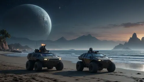 fullcolor image, 8K quality, by night, alien planet, at a beach, alien ocean, an alien city in the ocean in background, many fantastic animals, some planets satelite visible in sky, hovercraft hovering low over the see, an armored all-terrain vehicle stands at the beach