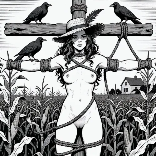 A black-and-white line art illustration depicts a woman bound to a wooden cross-like structure in a cornfield, styled as a scarecrow. The subject is a nude woman with long, wavy hair and a solemn, direct gaze, her body secured with rope to the crossbeams. She wears a straw hat with a feathered brim, and two crows perch on the structure—one on her shoulder, the other on the top beam. Her pose is static and restrained, with arms outstretched and legs bound, evoking a sense of vulnerability and sacrifice. The background features a dense field of tall corn stalks and a small farmhouse in the distance. The scene is rendered in a high-contrast, detailed linework style reminiscent of classic horror or fantasy comic art, with strong outlines and minimal shading. The lighting is flat and illustrative, emphasizing the starkness of the composition. The overall mood is eerie and unsettling, blending elements of rural folklore with a surreal, symbolic narrative.