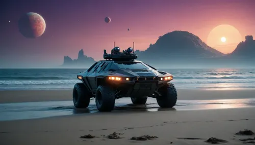 fullcolor image, 8K quality, by night, alien planet, at a beach, alien ocean, an alien city in the ocean in background, many fantastic animals, some planets satelite visible in sky, hovercraft hovering low over the see, an armored all-terrain vehicle stands at the beach