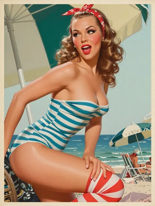 Vintage Pin-up Meisterwerk: Strand Glamour im Retro Studio Licht