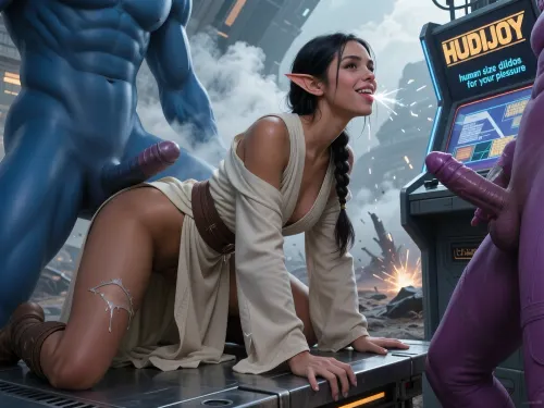 Oil painting style, Greg Rutkowski inspired, ethereal, cinematic lighting, hyper-realistic, 8k resolution, intricate detail, high fantasy, "The Empire Strikes Back" aesthetic. A cinematic wide shot of a beautiful elvish jedi in very light robe, on all fours on a steel platform, getting fucked by giant blue human and a purple human, amid a battlefield with smoke and high tech sparks, epic scale.

a beautiful young jedi, SamDoesArt2, passionate, petite, (dark haired skinny female elf:1.3), very beautiful face, dark tan skin, french braid, very small breasts, stiff nipples, torn robes, elf ears, she gets spitroasted by a blue human and a purple human, gang bang, spitroast, focus on penis penetrating pussy and sucking cock, low POV looking up, she smiles and blushes as she has an orgasm in spite of the dire circumstances, focus on squirting pussy and beautiful pussy lips, kissing lips, she is really having a good time.


On the side is a futuristic slot machine that reads in angular print, "HUDIJOY, human size dildos for your pleasure"