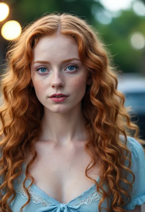 slightly ugly but cute flat-chested ginger with long curly hair and large blue eyes