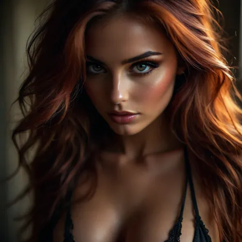 woman, extreme Close up, Portrait, beautiful french, instagram model, 25 years old, happy, perfect, slim e body. pulling down her black satin bra to reveal c cup breasts, long bright red tousled hair, hair half up half down, perfect face, eye contact, perfect eyes, gorgeous, sexy, sensual, seductive eyes and look, pulld, <lora:attractive_notrigger:1.7>, <lora:BUT_SDXL_SHS:2>, <lora:Vivid Midjourney mimic - XL SDXL v2.0:.5>, <lora:add-detail-xl:1.6>, <lora:dark:.1>