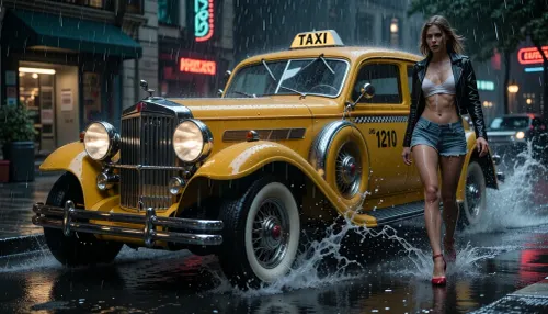 Create a highly detailed film noir night scene with an intense monsoon rain, neon signs reflecting in puddles, a vintage Duesenberg classic car racing through the wet street, modified as a yellow cab with taxi 1210 on the door, the long hood of the Duesenberg gleaming under the rain, freestanding yellow fenders, round headlamps, and a gleaming chrome grille, On top of the car, there is a vintage sign displayed, clearly showing the word "Taxi" in perfect harmony with the classic Duesenberg style, all the car windows are fogged up, only the windshield at the spot where the wipers scrape across it affords a small glimpse, focus on a slim, athletic woman walking along the sidewalk, dressed in a short black leather jacket, a soaked white top clinging to her frame, a short denim skirt and red high heels, each step causing water to splash up around her ankles, the Duesenberg’s tires grip the slick asphalt, as it passes, massive waves of water erupt from the spinning tires, splashing water drenching her completely, the rain falls like a curtain, each droplet carving out shadows, the entire scene drenched in atmospheric low light, deep shadows and subtle reflections, the woman’s soaked clothing clings to her, her face determined, the rain pounding like a heartbeat, the Duesenberg moving as if in slow motion, the entire composition brimming with tension and cinematic realism.