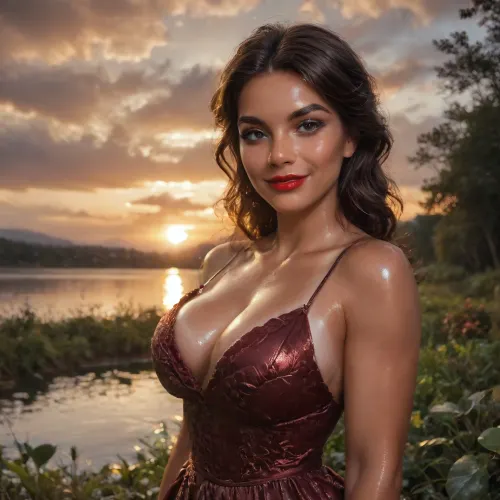 waist-high portrait, lush girl in the park, long even hair, red lips, seductive smile, brown evening dress, (lush breast:1), (shiny skin:1.5), (tanned body:1.3), lake, sky with clouds, sunset, ultradetalization