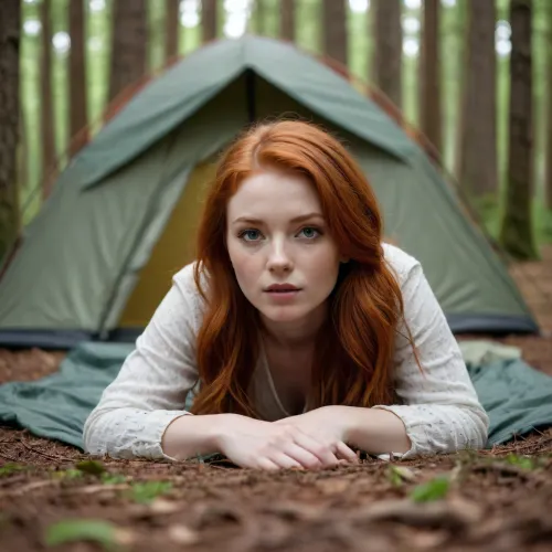 A beautiful redhead woman 25yo, in a tent, in the forest, lying on stomach