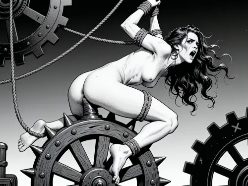 A high-contrast black-and-white illustration depicts a nude woman in a state of distress, suspended by ropes tied around her wrists and ankles. She is positioned in side view riding on top of a large, spiked wooden wheel, which is between her legs with one of the spikes penetrating her vagina, her body arched backward with arms raised, conveying a sense of struggle and anguish. Her long, wavy hair flows dynamically, enhancing the dramatic motion. Her facial expression is one of intense pain or fear, with wide eyes and an open mouth as if screaming. The composition is dominated by industrial elements—large, mechanical gears loom in the background, reinforcing a steampunk or torture device aesthetic. The woman’s skin is rendered with detailed shading, emphasizing form and tension, while the ropes and wooden textures are intricately drawn. The lighting is stark and directional, creating deep shadows and highlighting the contours of her body and the machinery. The background is a gradient gray, keeping focus on the central figure and the oppressive mechanical environment. The image is rendered in a graphic, ink-style illustration with strong linework and cross-hatching, evoking a dark, surreal, and oppressive atmosphere. The overall style is reminiscent of adult-themed concept art, combining anatomical precision with a disturbing, mechanical theme.