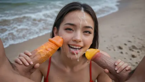 ((Gorgeous, petite, busty Asian woman)), perfect figure, bobcut, (ahegao, eye rolling, smile), ((giving a passionate handjob)), ((cum glow, glowing semen, bright cum)), ((facial cumshot, cum on forehead, cum on cheeks, cum in mouth, cum dripping off her face)), (((a big thick luminescent dick, glowing dick, orange dick))), on a beach, at night, (wearing exciting clothes), (dark ocean in the background, darkness), ((high resolution, highly detailed)), view from above