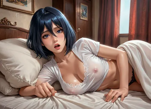 reiq style, score_9, score_8_up, score_7_up, original, highres, (1990s_style:1.4), 1girl, Mikasa Ackerman from Attack on Titan, assertive_female, bra, large_breasts, underwear, white_shirt, massive nipplessolo woman, covered, white nightshirt, large breasts, room, lying on bed, (), (lace thong panties), (erect nipples:1.2), darkness, low light, (pillow humping:1.4), squirming, (leaking sticky juices:1.3), (drenched sheet), writhing, screaming, trembling, watching movie on computer, <lora:LCMTurboMix_Euler_A_fix:.8>