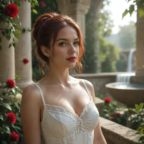 waist-high portrait, elegant maid in a rose garden, long straight crimson hair, red lips, mysterious smile, graceful posture accenting silhouette, shiny skin, tanned body, golden hour lighting, rays of sunlight through leaves, stone fountain in background, cinematic style, ultra‑detailed, 8K
