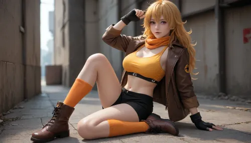 Yang Xiao Long from RWBY. She is wearing a black booty shorts, a yellow sports bra, a brown leather jacket, black fingerless gloves, brown boots, an orange scarf, and long orange socks. She has purple eyes. She is tall, athletic, and slim with big breasts.