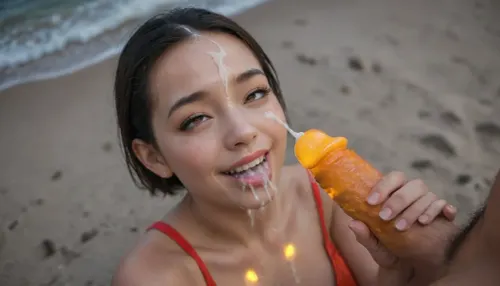 ((Gorgeous, petite, busty Asian woman)), perfect figure, bobcut, (ahegao, eye rolling, smile), ((giving a passionate handjob)), ((cum glow, glowing semen, bright cum)), ((facial cumshot, cum on forehead, cum on cheeks, cum in mouth, cum dripping off her face)), (((a big thick luminescent dick, glowing dick, orange dick))), on a beach, at night, (wearing exciting clothes), (dark ocean in the background, darkness), ((high resolution, highly detailed)), view from above