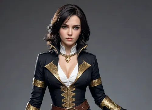 This young woman has a dark, elegant, expedition-mage look, practical but stylish, with black clothing, gold trim, magical details, and a slightly wild, melancholic face.

She appears as a young adult woman with a slim/athletic build and a serious, focused expression. Her face is soft but intense, pale-to-light warm skin, a straight nose, full but natural lips, and dark, tired-looking eyes. She has a calm, almost haunted gaze rather than a bright heroic smile.

Her hair is one of the most important details, short-to-medium black hair, roughly shoulder-length, very messy and layered, with loose waves. It frames her face heavily, with strands falling around her cheeks and forehead. In some art, the hair has subtle blue-gray highlights, giving it a cold, moonlit shine.

Her outfit is mostly black, charcoal, white, and gold. She wears a fitted, tailored top that looks like a mix between a vest, military uniform, and fantasy scholar outfit. The torso is dark, buttoned, and close-fitting, with a white high-collar shirt or neck panel underneath. Around the collar and lapels there is gold/yellow trim, giving her a refined Belle Époque / steampunk fantasy feel.

Over this she has an asymmetrical long black coat or cloak, open in the front, longer in the back and sides. The coat has structured shoulders and decorative gold linework, including geometric patterns. Her pants are fitted and dark, cropped below the knee or tight around the lower legs, with layered straps and fabric bands. She is often shown barefoot, which gives her a more mystical, grounded, ritualistic look rather than a normal soldier look.

Her arms are asymmetrical, one arm may have a black glove or sleeve, while the other is more exposed with golden wraps, markings, or bandages around the upper arm/forearm. She has small accessories like a pendant necklace, belts, straps, a pouch, and subtle metallic details. Her magic is usually represented with blue-white glow, mist, sparks, or elemental energy around her hands.

A good “dummy prompt” version, Young adult female fantasy mage, slim athletic build, pale warm skin, serious melancholic expression, dark eyes, messy shoulder-length wavy black hair with blue-gray highlights, hair framing the face. Wearing a fitted black charcoal tailored vest over a white high-collar shirt, gold trim on lapels and collar, asymmetrical long black expedition coat/cloak with structured shoulders and geometric gold line patterns, dark fitted cropped pants with straps and fabric bands, barefoot, one black glove/sleeve, one arm exposed with golden wraps and magical markings, pendant necklace, belts and pouches, elegant dark Belle Époque steampunk fantasy adventurer style, blue-white elemental magic glowing around her hands, painterly realistic video game concept art.