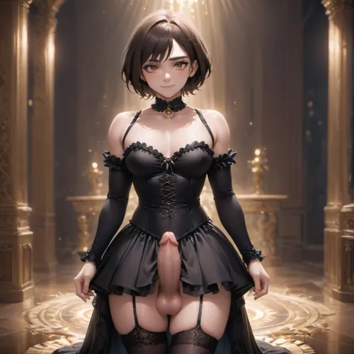 crossdresser male a little muscular short brown hair, handsome smile, hard cock black satin gown corset, <lora:pantyhose_xl_v1:.8>