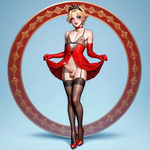 The image is an illustration of a young 30 year old anime crossdresser with blonde hair and blue eyes. He is wearing a red satin nightgown his penis is hard under the fabric. hes grinning a sexy feminine way, hes wearing a black tiara with red diamonds, hes got red highheels and long dark stockings. he is tall, he is standing. good makeup anime rendering