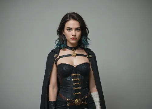 This young woman has a dark, elegant, expedition-mage look, practical but stylish, with black clothing, gold trim, magical details, and a slightly wild, melancholic face.

She appears as a young adult woman with a slim/athletic build and a serious, focused expression. Her face is soft but intense, pale-to-light warm skin, a straight nose, full but natural lips, and dark, tired-looking eyes. She has a calm, almost haunted gaze rather than a bright heroic smile.

Her hair is one of the most important details, short-to-medium black hair, roughly shoulder-length, very messy and layered, with loose waves. It frames her face heavily, with strands falling around her cheeks and forehead. In some art, the hair has subtle blue-gray highlights, giving it a cold, moonlit shine.

Her outfit is mostly black, charcoal, white, and gold. She wears a fitted, tailored top that looks like a mix between a vest, military uniform, and fantasy scholar outfit. The torso is dark, buttoned, and close-fitting, with a white high-collar shirt or neck panel underneath. Around the collar and lapels there is gold/yellow trim, giving her a refined Belle Époque / steampunk fantasy feel.

Over this she has an asymmetrical long black coat or cloak, open in the front, longer in the back and sides. The coat has structured shoulders and decorative gold linework, including geometric patterns. Her pants are fitted and dark, cropped below the knee or tight around the lower legs, with layered straps and fabric bands. She is often shown barefoot, which gives her a more mystical, grounded, ritualistic look rather than a normal soldier look.

Her arms are asymmetrical, one arm may have a black glove or sleeve, while the other is more exposed with golden wraps, markings, or bandages around the upper arm/forearm. She has small accessories like a pendant necklace, belts, straps, a pouch, and subtle metallic details. Her magic is usually represented with blue-white glow, mist, sparks, or elemental energy around her hands.

A good “dummy prompt” version, Young adult female fantasy mage, slim athletic build, pale warm skin, serious melancholic expression, dark eyes, messy shoulder-length wavy black hair with blue-gray highlights, hair framing the face. Wearing a fitted black charcoal tailored vest over a white high-collar shirt, gold trim on lapels and collar, asymmetrical long black expedition coat/cloak with structured shoulders and geometric gold line patterns, dark fitted cropped pants with straps and fabric bands, barefoot, one black glove/sleeve, one arm exposed with golden wraps and magical markings, pendant necklace, belts and pouches, elegant dark Belle Époque steampunk fantasy adventurer style, blue-white elemental magic glowing around her hands, painterly realistic video game concept art.