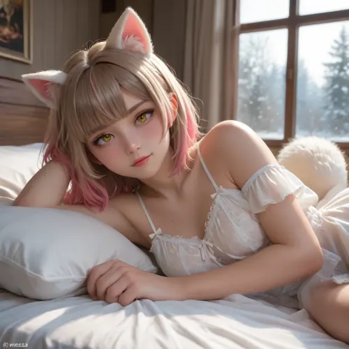 noelle from genshin impact dross style solo adult futanari, laying on side, wide hips, on bed, taiga fox, (light brunette with bangs and blond highlights:1.1), fox ears, (white fox tail visible:1.2), veiny erect penis, large scrotum, black sheer simply cut long nightgown, seductive smile, pubic hair, pubic hairy, amber eyes, large window with snowy forest outside, cinematic lighting, (detailed face, detailed hair:1.1), 8k, masterpiece, (realism:1.1), (realistic:1.1), (hyper realistic:1.1), (ultra realistic:1.1), (high detailed skin:1.2), high quality, detailed skin texture, (highly detailed hair:1.1), insanely detailed, highest quality