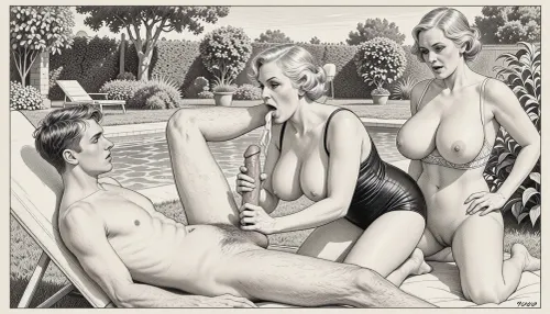 This is a monochrome pencil sketch in a classic illustrative style, depicting a scene set in a 1920s garden. It is an outdoor garden with a swimming pool, on a sunny summer day, three figures appear in the drawing, a young man and two older women. The man is 18 years old, he lies on a sun lounger and possesses blond hair, his swim trunks pulled down, as well as a perfect penis—complete with pubic hair—that, is fully erect. One of the women—a 50-year-old, mature, curvy woman of Scandinavian descent, wears a 1920s-style swimsuit. She is kneeling, her body is fully covered by the swimsuit, save for her large breasts, which spill out of the neckline., (((She is masturbating the man's large cock))), (which then ejaculates semen:1.5), (intending to swallow the cum), (((she holds her open mouth directly in front of it))), The other woman—18 years old, with a curvy figure, large breasts, and an aroused expression—stands beside her. She wears a 1920s-style bra, her hairy pussy is visible, and she is gazing down at the man's penis. Both women possess enormous breasts.

The overall style is a black and white pencil sketch, capturing a candid moment. The scene has a formal, organized atmosphere. The overall mood is intense, expressive line work and subtle shading, evoking the style of 1920s satirical or moralistic illustrations.