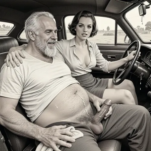 This is a detailed monochromatic pencil drawing in a classical illustrative style depicts a scene set 1950s, (obese bearded white haired older dilf in passenger seat receiving handjob by milf woman in driver seat), POV, lustful smile, focused on hairy scrotum, milf woman in driver seat is helping dilf cum, precum, dripping cocks, (((beautiful short brown hair milf, madam with hourglass figure, she is wearing in an open blouse and a skirt, (wide hips), in driver seat jerks-off his cock))), (the man puts one arm around the woman's shoulders), undersides of penis, hairy nutsack hand towel, dimly lit, tiny penis, sitting in car, fat and skinny, receiving handjob, v neck t shirt pulled up above big hairy belly, ((pubic hair:1.7)), sweatpants pulled down, masturbation, hairy scrotum. The overall mood is intense, rendered in fine, expressive line work and subtle shading, evoking the style of 1950s satirical or moralistic illustrations.