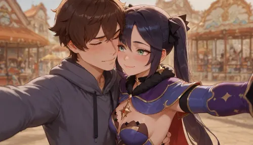 side view, 1boy 1 girl, fully clothed, Mona Megistus from the Genshin Impact series, blushing, small breasts, at amusement park, wholesome, happy, date, she is taking a selfie, hug, mona megistus clothes, happy couple, <lora:Terasu_mc_XL:2>