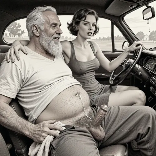This is a detailed monochromatic pencil drawing in a classical illustrative style depicts a scene set 1950s, (obese bearded white haired older dilf in passenger seat receiving handjob by milf woman in driver seat), POV, lustful smile, focused on hairy scrotum, milf woman in driver seat is helping dilf cum, precum, dripping cocks, (((beautiful short brown hair milf, madam with hourglass figure, she is wearing in dress, (wide hips), in driver seat jerks-off his cock))), (the man puts one arm around the woman's shoulders), undersides of penis, hairy nutsack hand towel, dimly lit, tiny penis, sitting in car, fat and skinny, receiving handjob, v neck t shirt pulled up above big hairy belly, ((pubic hair:1.7)), sweatpants pulled down, masturbation, hairy scrotum. The overall mood is intense, rendered in fine, expressive line work and subtle shading, evoking the style of 1950s satirical or moralistic illustrations.