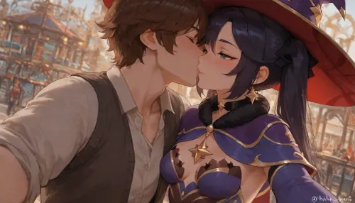 side view, 1boy 1 girl, fully clothed, Mona Megistus from the Genshin Impact series, blushing, small breasts, at amusement park, wholesome, happy, date, she is taking a selfie, kissing, sweet kiss, wholesome kiss, in love, mona megistus clothes, extremely happy couple, <lora:Terasu_mc_XL:2>