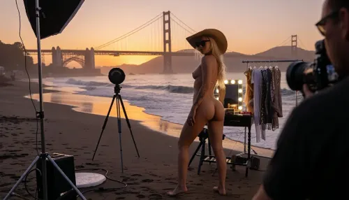 A highly detailed photorealistic cinematic fashion photoshoot on a beach near the Golden Gate Bridge at sunset, dramatic warm golden light flooding the entire scene, film noir atmosphere mixed with luxury fashion editorial aesthetics, the blurred silhouette of the Golden Gate Bridge glowing in the far background beneath a glowing orange and pink sky, waves crashing softly against dark wet sand, cinematic haze and ocean mist drifting through the air, professional photography set visible on the beach, large flash units mounted on tripods, softboxes, cables, reflectors, a makeup station with illuminated mirror bulbs, makeup artist standing nearby, camera assistant adjusting equipment, clothing rack with designer garments and accessories, the entire environment highly realistic and alive with subtle movement and production energy, The main focus is a slim blonde female fashion model standing barefoot near the shoreline, presenting luxury swimwear in a confident pose, her back turned toward the photographer, small elegant figure, narrow waist, subtle tattoos visible across her skin, wearing a minimal stylish bikini, oversized summer straw hat and dark sunglasses, her long blonde hair flowing naturally in the ocean wind, she turns her head back over her shoulder directly toward the photographer and camera with a calm cinematic expression, realistic skin texture, detailed anatomy, subtle highlights from sunset light glistening on her skin, every fabric texture and tattoo rendered in hyper detail, The photographer visible as a full figure in the foreground from an over shoulder perspective, holding a professional medium format camera, partially blurred to emphasize cinematic depth of field, analog 35mm film look, soft film grain, realistic lens compression, masterpiece composition, highly atmospheric California coast mood, realistic reflections in wet sand, deep cinematic contrast, luxurious fashion noir aesthetic, ultra realistic lighting and textures, authentic editorial photography atmosphere