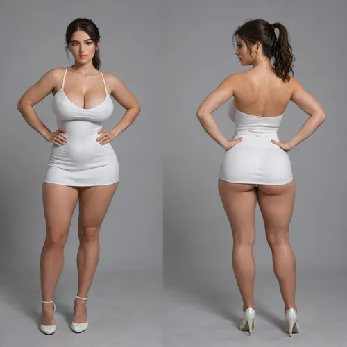 Sexy adult realistic illustration of a sultry, Voluptuous young woman, full beautiful hair, Photorealistic diptych portrait of the same curvy woman in, (two panels side-by-side:1.3), against a seamless studio background separated by a thin vertical gap, left panel full-frontal view, right panel full-back view, model wearing a form-fitting, (red:1.3), micro mini bodycon dress with deep V neckline, (large cleavage:1.3), (hyper erect nipples:1.3), in front and low scoop back, white high heels, left pose, confident stance, one hand on hip, other hand lightly touching collarbone, soft natural expression, subtle makeup, loose bangs framing face, right pose, hands on hips, hair pulled into a mid-height ponytail revealing back, weight shifted to one leg, even soft studio lighting, clean soft shadows, high detail skin texture, realistic cloth folds, accurate anatomy and proportions, cinematic color grading, ultra-detailed 4k photoreal, crisp edges, neutral tones, minimal post-processing., (detailed skin texture:1.2), soft expression, massive underbutt, (curvaceous body type:1.3), (huge round ass:1.3), (massive round ass:1.3), (bulging bubble butt:1.3), cleft ass, deep buttcrack, (suggestive pose:1.3), (8k, ultra sharp, professional), <lora:bottomheavy_v1_sdxl_LoRA:2>, <lora:BodyLicious:2>, <lora:4panel:.8>