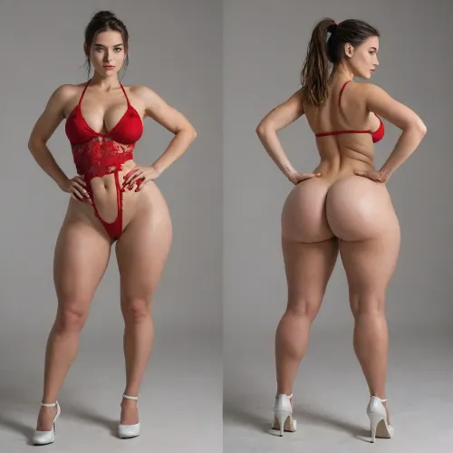 Sexy adult realistic illustration of a sultry, Voluptuous young woman, full beautiful hair, (cute Girl:1.3), Photorealistic diptych portrait of the same curvy woman in, (two panels side-by-side:1.3), against a seamless studio background separated by a thin vertical gap, left panel full-frontal view, right panel full-back view, model wearing a form-fitting, (red micro dress:1.3), ass hagging out, micro mini bodycon dress with deep V neckline, (large cleavage:1.3), (hyper erect nipples:1.3), in front and low scoop back, white high heels, left pose, confident stance, one hand on hip, other hand lightly touching collarbone, soft natural expression, subtle makeup, loose bangs framing face, right pose, hands on hips, hair pulled into a mid-height ponytail revealing back, weight shifted to one leg, even soft studio lighting, clean soft shadows, high detail skin texture, realistic cloth folds, accurate anatomy and proportions, cinematic color grading, ultra-detailed 4k photoreal, crisp edges, neutral tones, minimal post-processing., (detailed skin texture:1.2), soft expression, massive underbutt, (curvaceous body type:1.3), (huge round ass:1.3), (massive round ass:1.3), (bulging bubble butt:1.3), cleft ass, deep buttcrack, (suggestive pose:1.3), (8k, ultra sharp, professional), <lora:bottomheavy_v1_sdxl_LoRA:2>, <lora:BodyLicious:2>, <lora:4panel:.8>