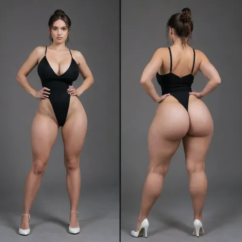 Sexy adult realistic illustration of a sultry, Voluptuous young woman, full beautiful hair, (cute Girl:1.3), Photorealistic diptych portrait of the same curvy woman in, (two panels side-by-side:1.3), against a seamless studio background separated by a thin vertical gap, left panel full-frontal view, right panel full-back view, (model wearing a form-fitting red micro dress:1.3), ass hagging out, micro mini bodycon dress with deep V neckline, (large cleavage:1.3), (hyper erect nipples:1.3), in front and low scoop back, white high heels, left pose, confident stance, one hand on hip, other hand lightly touching collarbone, soft natural expression, subtle makeup, loose bangs framing face, right pose, hands on hips, hair pulled into a mid-height ponytail revealing back, weight shifted to one leg, even soft studio lighting, clean soft shadows, high detail skin texture, realistic cloth folds, accurate anatomy and proportions, cinematic color grading, ultra-detailed 4k photoreal, crisp edges, neutral tones, minimal post-processing., (detailed skin texture:1.2), soft expression, massive underbutt, (curvaceous body type:1.3), (huge round ass:1.3), (massive round ass:1.3), (bulging bubble butt:1.3), cleft ass, deep buttcrack, (suggestive pose:1.3), (8k, ultra sharp, professional), <lora:bottomheavy_v1_sdxl_LoRA:2>, <lora:BodyLicious:2>, <lora:4panel:.8>