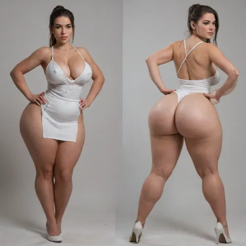Sexy adult realistic illustration of a sultry, Voluptuous young woman, full beautiful hair, (cute Girl:1.3), Photorealistic diptych portrait of the same curvy woman in, (two panels side-by-side:1.3), against a seamless studio background separated by a thin vertical gap, left panel full-frontal view, right panel full-back rear view, (model wearing a form-fitting red micro dress:1.3), ass hagging out, micro mini bodycon dress with deep V neckline, (large cleavage:1.3), (hyper erect nipples:1.3), in front and low scoop back, white high heels, left pose, confident stance, one hand on hip, other hand lightly touching collarbone, soft natural expression, subtle makeup, loose bangs framing face, right pose, hands on hips, hair pulled into a mid-height ponytail revealing back, weight shifted to one leg, even soft studio lighting, clean soft shadows, high detail skin texture, realistic cloth folds, accurate anatomy and proportions, cinematic color grading, ultra-detailed 4k photoreal, crisp edges, neutral tones, minimal post-processing., (detailed skin texture:1.2), soft expression, massive underbutt, (curvaceous body type:1.3), (huge round ass:1.3), (massive round ass:1.3), (bulging bubble butt:1.3), cleft ass, deep buttcrack, (suggestive pose:1.3), (8k, ultra sharp, professional), <lora:bottomheavy_v1_sdxl_LoRA:2>, <lora:BodyLicious:2>, <lora:4panel:.8>