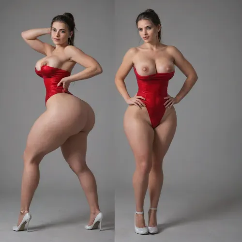 Sexy adult realistic illustration of a sultry, Voluptuous young woman, full beautiful hair, (cute Girl:1.3), Photorealistic diptych portrait of the same curvy woman in, (two panels side-by-side:1.3), against a seamless studio background separated by a thin vertical gap, left panel full-frontal view, right panel full-back view, model wearing a form-fitting, (red micro dress:1.3), ass hagging out, micro mini bodycon dress with deep V neckline, (large cleavage:1.3), (hyper erect nipples:1.3), in front and low scoop back, white high heels, left pose, confident stance, one hand on hip, other hand lightly touching collarbone, soft natural expression, subtle makeup, loose bangs framing face, right pose, hands on hips, hair pulled into a mid-height ponytail revealing back, weight shifted to one leg, even soft studio lighting, clean soft shadows, high detail skin texture, realistic cloth folds, accurate anatomy and proportions, cinematic color grading, ultra-detailed 4k photoreal, crisp edges, neutral tones, minimal post-processing., (detailed skin texture:1.2), soft expression, massive underbutt, (curvaceous body type:1.3), (huge round ass:1.3), (massive round ass:1.3), (bulging bubble butt:1.3), cleft ass, deep buttcrack, (suggestive pose:1.3), (8k, ultra sharp, professional), <lora:bottomheavy_v1_sdxl_LoRA:2>, <lora:BodyLicious:2>, <lora:4panel:.8>