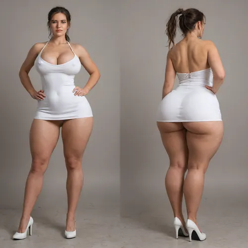 Sexy adult realistic illustration of a sultry, Voluptuous young woman, full beautiful hair, (cute Girl:1.3), Photorealistic diptych portrait of the same curvy woman in, (two panels side-by-side:1.3), against a seamless studio background separated by a thin vertical gap, left panel full-frontal view, right panel full-back view, (model wearing a form-fitting red micro dress:1.3), ass hagging out, micro mini bodycon dress with deep V neckline, (large cleavage:1.3), (hyper erect nipples:1.3), in front and low scoop back, white high heels, left pose, confident stance, one hand on hip, other hand lightly touching collarbone, soft natural expression, subtle makeup, loose bangs framing face, right pose, hands on hips, hair pulled into a mid-height ponytail revealing back, weight shifted to one leg, even soft studio lighting, clean soft shadows, high detail skin texture, realistic cloth folds, accurate anatomy and proportions, cinematic color grading, ultra-detailed 4k photoreal, crisp edges, neutral tones, minimal post-processing., (detailed skin texture:1.2), soft expression, massive underbutt, (curvaceous body type:1.3), (huge round ass:1.3), (massive round ass:1.3), (bulging bubble butt:1.3), cleft ass, deep buttcrack, (suggestive pose:1.3), (8k, ultra sharp, professional), <lora:bottomheavy_v1_sdxl_LoRA:2>, <lora:BodyLicious:2>, <lora:4panel:.8>