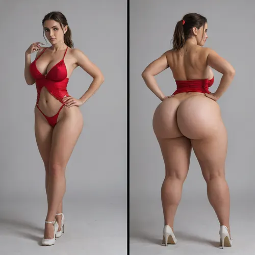 Sexy adult realistic illustration of a sultry, Voluptuous young woman, full beautiful hair, (cute Girl:1.3), Photorealistic diptych portrait of the same curvy woman in, (two panels side-by-side:1.3), against a seamless studio background separated by a thin vertical gap, left panel full-frontal view, right panel full-back view, model wearing a form-fitting, (red micro dress:1.3), ass hagging out, micro mini bodycon dress with deep V neckline, (large cleavage:1.3), (hyper erect nipples:1.3), in front and low scoop back, white high heels, left pose, confident stance, one hand on hip, other hand lightly touching collarbone, soft natural expression, subtle makeup, loose bangs framing face, right pose, hands on hips, hair pulled into a mid-height ponytail revealing back, weight shifted to one leg, even soft studio lighting, clean soft shadows, high detail skin texture, realistic cloth folds, accurate anatomy and proportions, cinematic color grading, ultra-detailed 4k photoreal, crisp edges, neutral tones, minimal post-processing., (detailed skin texture:1.2), soft expression, massive underbutt, (curvaceous body type:1.3), (huge round ass:1.3), (massive round ass:1.3), (bulging bubble butt:1.3), cleft ass, deep buttcrack, (suggestive pose:1.3), (8k, ultra sharp, professional), <lora:bottomheavy_v1_sdxl_LoRA:2>, <lora:BodyLicious:2>, <lora:4panel:.8>