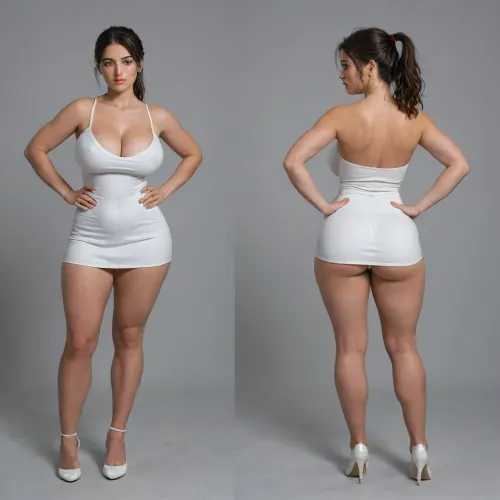 Sexy adult realistic illustration of a sultry, Voluptuous young woman, full beautiful hair, Photorealistic diptych portrait of the same curvy woman in, (two panels side-by-side:1.3), against a seamless studio background separated by a thin vertical gap, left panel full-frontal view, right panel full-back view, model wearing a form-fitting, (red:1.3), micro mini bodycon dress with deep V neckline, (large cleavage:1.3), (hyper erect nipples:1.3), in front and low scoop back, white high heels, left pose, confident stance, one hand on hip, other hand lightly touching collarbone, soft natural expression, subtle makeup, loose bangs framing face, right pose, hands on hips, hair pulled into a mid-height ponytail revealing back, weight shifted to one leg, even soft studio lighting, clean soft shadows, high detail skin texture, realistic cloth folds, accurate anatomy and proportions, cinematic color grading, ultra-detailed 4k photoreal, crisp edges, neutral tones, minimal post-processing., (detailed skin texture:1.2), soft expression, massive underbutt, (curvaceous body type:1.3), (huge round ass:1.3), (massive round ass:1.3), (bulging bubble butt:1.3), cleft ass, deep buttcrack, (suggestive pose:1.3), (8k, ultra sharp, professional), <lora:bottomheavy_v1_sdxl_LoRA:2>, <lora:BodyLicious:2>, <lora:4panel:.8>