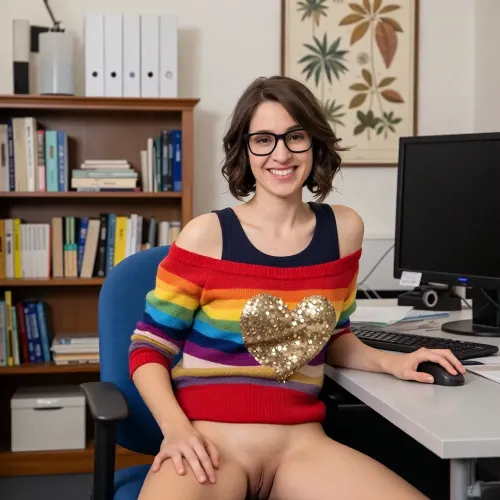 A smiling woman with bob-cut, slitly curly brown hair, short round face, medium dized breasts, brown eyes that squint noticeably. She wears dark-framed glasses and a dark tank top, with a warm, genuine smile revealing her teeth. She sits in a blue office chair at a cluttered desk, smiling warmly at the camera. She wears a vibrant rainbow-striped sweater with a gold sequined heart on the chest. She wears no pants and no panties so that the viewer has a good view on her vagina. Her right hand rests on a computer mouse, and her left arm is relaxed on the desk. The setting is a bright, organized office with a large wooden bookshelf filled with scientific books and binders in the background. A vintage botanical illustration hangs on the wall above the desk. The scene is illuminated by soft, even indoor lighting, creating a natural and inviting atmosphere. The composition is a medium shot, capturing the subject from the waist up, with a shallow depth of field that keeps her in sharp focus while gently blurring the background. The overall style is realistic and professional, with a touch of personal warmth conveyed through her colorful attire and cheerful expression. The image has a clean, modern aesthetic with a focus on academic or research-oriented environment. Focus on pussy.