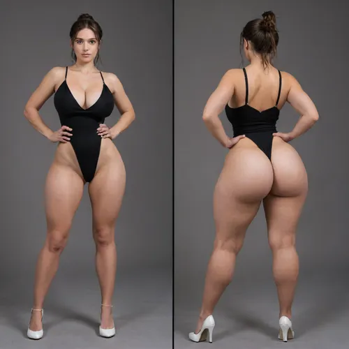 Sexy adult realistic illustration of a sultry, Voluptuous young woman, full beautiful hair, (cute Girl:1.3), Photorealistic diptych portrait of the same curvy woman in, (two panels side-by-side:1.3), against a seamless studio background separated by a thin vertical gap, left panel full-frontal view, right panel full-back view, (model wearing a form-fitting red micro dress:1.3), ass hagging out, micro mini bodycon dress with deep V neckline, (large cleavage:1.3), (hyper erect nipples:1.3), in front and low scoop back, white high heels, left pose, confident stance, one hand on hip, other hand lightly touching collarbone, soft natural expression, subtle makeup, loose bangs framing face, right pose, hands on hips, hair pulled into a mid-height ponytail revealing back, weight shifted to one leg, even soft studio lighting, clean soft shadows, high detail skin texture, realistic cloth folds, accurate anatomy and proportions, cinematic color grading, ultra-detailed 4k photoreal, crisp edges, neutral tones, minimal post-processing., (detailed skin texture:1.2), soft expression, massive underbutt, (curvaceous body type:1.3), (huge round ass:1.3), (massive round ass:1.3), (bulging bubble butt:1.3), cleft ass, deep buttcrack, (suggestive pose:1.3), (8k, ultra sharp, professional), <lora:bottomheavy_v1_sdxl_LoRA:2>, <lora:BodyLicious:2>, <lora:4panel:.8>