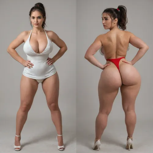 Sexy adult realistic illustration of a sultry, Voluptuous young woman, full beautiful hair, (cute Girl:1.3), Photorealistic diptych portrait of the same curvy woman in, (two panels side-by-side:1.3), against a seamless studio background separated by a thin vertical gap, left panel full-frontal view, right panel full-back view, model wearing a form-fitting, (red micro dress:1.3), ass hagging out, micro mini bodycon dress with deep V neckline, (large cleavage:1.3), (hyper erect nipples:1.3), in front and low scoop back, white high heels, left pose, confident stance, one hand on hip, other hand lightly touching collarbone, soft natural expression, subtle makeup, loose bangs framing face, right pose, hands on hips, hair pulled into a mid-height ponytail revealing back, weight shifted to one leg, even soft studio lighting, clean soft shadows, high detail skin texture, realistic cloth folds, accurate anatomy and proportions, cinematic color grading, ultra-detailed 4k photoreal, crisp edges, neutral tones, minimal post-processing., (detailed skin texture:1.2), soft expression, massive underbutt, (curvaceous body type:1.3), (huge round ass:1.3), (massive round ass:1.3), (bulging bubble butt:1.3), cleft ass, deep buttcrack, (suggestive pose:1.3), (8k, ultra sharp, professional), <lora:bottomheavy_v1_sdxl_LoRA:2>, <lora:BodyLicious:2>, <lora:4panel:.8>