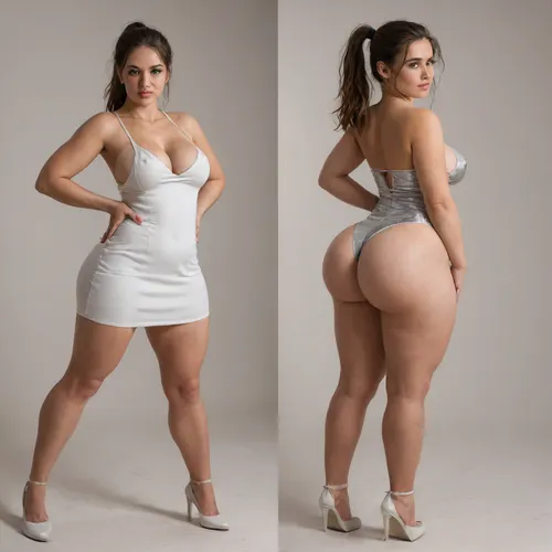 Sexy adult realistic illustration of a sultry, Voluptuous young woman, full beautiful hair, (cute Girl:1.3), Photorealistic diptych portrait of the same curvy woman in, (two panels side-by-side:1.3), against a seamless studio background separated by a thin vertical gap, left panel full-frontal view, right panel full-back view, (model wearing a form-fitting red micro dress:1.3), ass hagging out, micro mini bodycon dress with deep V neckline, (large cleavage:1.3), (hyper erect nipples:1.3), in front and low scoop back, white high heels, left pose, confident stance, one hand on hip, other hand lightly touching collarbone, soft natural expression, subtle makeup, loose bangs framing face, right pose, hands on hips, hair pulled into a mid-height ponytail revealing back, weight shifted to one leg, even soft studio lighting, clean soft shadows, high detail skin texture, realistic cloth folds, accurate anatomy and proportions, cinematic color grading, ultra-detailed 4k photoreal, crisp edges, neutral tones, minimal post-processing., (detailed skin texture:1.2), soft expression, massive underbutt, (curvaceous body type:1.3), (huge round ass:1.3), (massive round ass:1.3), (bulging bubble butt:1.3), cleft ass, deep buttcrack, (suggestive pose:1.3), (8k, ultra sharp, professional), <lora:bottomheavy_v1_sdxl_LoRA:2>, <lora:BodyLicious:2>, <lora:4panel:.8>