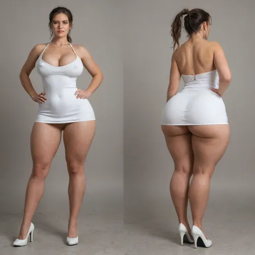 Sexy adult realistic illustration of a sultry, Voluptuous young woman, full beautiful hair, (cute Girl:1.3), Photorealistic diptych portrait of the same curvy woman in, (two panels side-by-side:1.3), against a seamless studio background separated by a thin vertical gap, left panel full-frontal view, right panel full-back view, (model wearing a form-fitting red micro dress:1.3), ass hagging out, micro mini bodycon dress with deep V neckline, (large cleavage:1.3), (hyper erect nipples:1.3), in front and low scoop back, white high heels, left pose, confident stance, one hand on hip, other hand lightly touching collarbone, soft natural expression, subtle makeup, loose bangs framing face, right pose, hands on hips, hair pulled into a mid-height ponytail revealing back, weight shifted to one leg, even soft studio lighting, clean soft shadows, high detail skin texture, realistic cloth folds, accurate anatomy and proportions, cinematic color grading, ultra-detailed 4k photoreal, crisp edges, neutral tones, minimal post-processing., (detailed skin texture:1.2), soft expression, massive underbutt, (curvaceous body type:1.3), (huge round ass:1.3), (massive round ass:1.3), (bulging bubble butt:1.3), cleft ass, deep buttcrack, (suggestive pose:1.3), (8k, ultra sharp, professional), <lora:bottomheavy_v1_sdxl_LoRA:2>, <lora:BodyLicious:2>, <lora:4panel:.8>