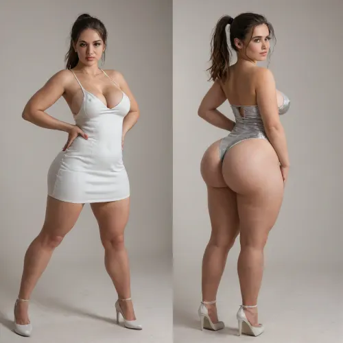 Sexy adult realistic illustration of a sultry, Voluptuous young woman, full beautiful hair, (cute Girl:1.3), Photorealistic diptych portrait of the same curvy woman in, (two panels side-by-side:1.3), against a seamless studio background separated by a thin vertical gap, left panel full-frontal view, right panel full-back view, (model wearing a form-fitting red micro dress:1.3), ass hagging out, micro mini bodycon dress with deep V neckline, (large cleavage:1.3), (hyper erect nipples:1.3), in front and low scoop back, white high heels, left pose, confident stance, one hand on hip, other hand lightly touching collarbone, soft natural expression, subtle makeup, loose bangs framing face, right pose, hands on hips, hair pulled into a mid-height ponytail revealing back, weight shifted to one leg, even soft studio lighting, clean soft shadows, high detail skin texture, realistic cloth folds, accurate anatomy and proportions, cinematic color grading, ultra-detailed 4k photoreal, crisp edges, neutral tones, minimal post-processing., (detailed skin texture:1.2), soft expression, massive underbutt, (curvaceous body type:1.3), (huge round ass:1.3), (massive round ass:1.3), (bulging bubble butt:1.3), cleft ass, deep buttcrack, (suggestive pose:1.3), (8k, ultra sharp, professional), <lora:bottomheavy_v1_sdxl_LoRA:2>, <lora:BodyLicious:2>, <lora:4panel:.8>