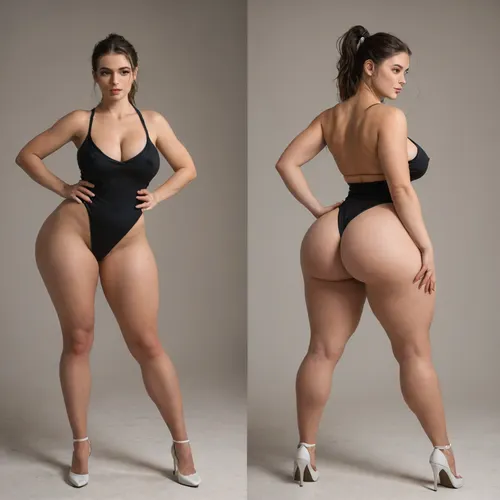 Sexy adult realistic illustration of a sultry, Voluptuous young woman, full beautiful hair, Photorealistic diptych portrait of the same curvy woman in, (two panels side-by-side:1.3), against a seamless studio background separated by a thin vertical gap, left panel full-frontal view, right panel full-back view, model wearing a form-fitting, (red:1.3), micro mini bodycon dress with deep V neckline, (large cleavage:1.3), (hyper erect nipples:1.3), in front and low scoop back, white high heels, left pose, confident stance, one hand on hip, other hand lightly touching collarbone, soft natural expression, subtle makeup, loose bangs framing face, right pose, hands on hips, hair pulled into a mid-height ponytail revealing back, weight shifted to one leg, even soft studio lighting, clean soft shadows, high detail skin texture, realistic cloth folds, accurate anatomy and proportions, cinematic color grading, ultra-detailed 4k photoreal, crisp edges, neutral tones, minimal post-processing., (detailed skin texture:1.2), soft expression, massive underbutt, (curvaceous body type:1.3), (huge round ass:1.3), (massive round ass:1.3), (bulging bubble butt:1.3), cleft ass, deep buttcrack, (suggestive pose:1.3), (8k, ultra sharp, professional), <lora:bottomheavy_v1_sdxl_LoRA:2>, <lora:BodyLicious:2>, <lora:4panel:.8>
